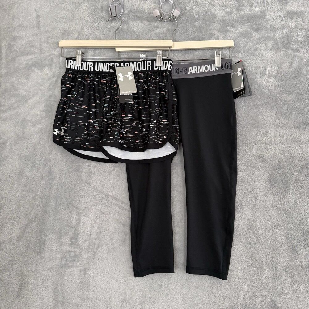 Lot of 2 Under Armour HeatGear Girls YXL Black Crop Pants & Multi Shorts NWT